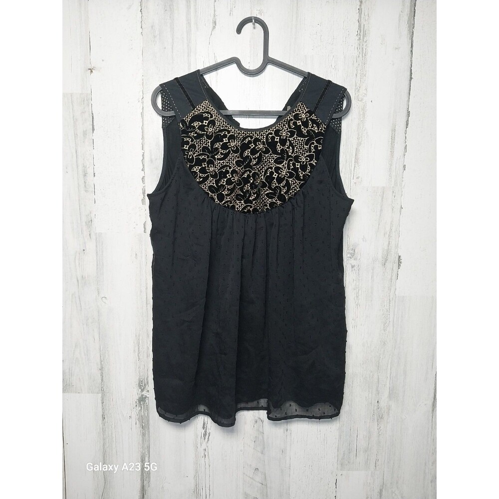 Anthropologie Black Sleeveless Embroidered Yoke Blouse